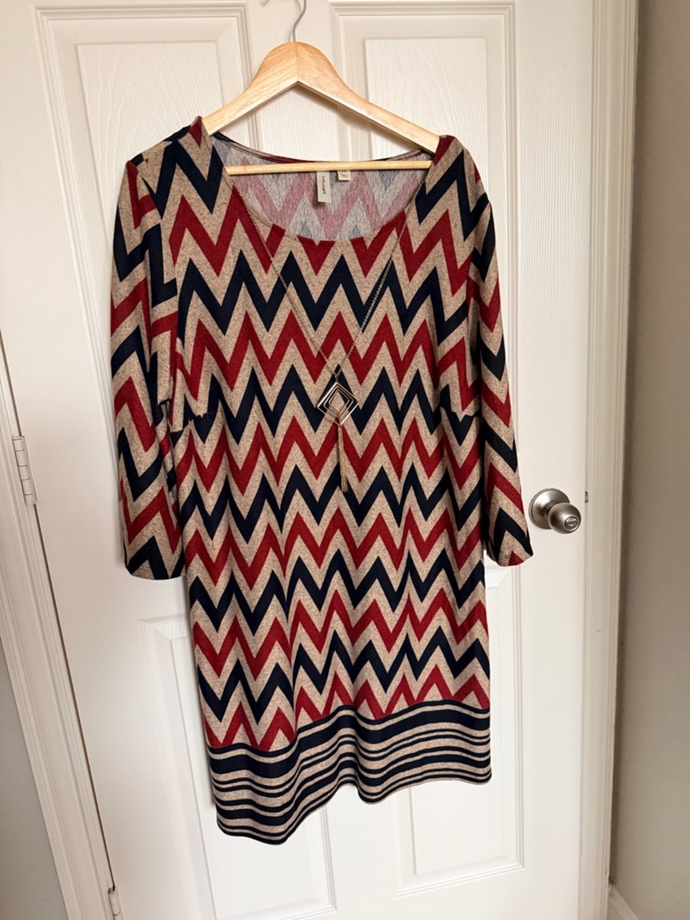 Tacera Chevron Knit Dress in Red, Black & Cream Size 2X